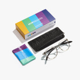 Hypreader Lupus Blaulichtfilterbrille in Champagner mit Brillenetui schwarz in Kroko-Optik,  Reinigungstuch und bunter Verpackung.