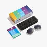 Lupus grau Sonnenclip, das schwarze Etui im Lederlook, das große Mikrofaserputztuch sowie die farbenfrohe Verpackung von Hypreader.