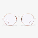 Hypreader Aquila Blaulichtfilterlesebrille rosegold von vorne – achteckige Brillenform mit filigranem goldfarbenem Rahmen und transparenten Gläsern