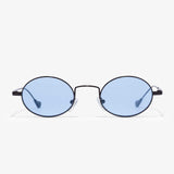 Frontansicht der Hypreader Sonnenbrille Gemini in Schwarz mit blauen Gläsern – ovale Vintage-Form mit filigranem Metallrahmen