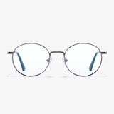 Frontansicht der runden Hypreader Blaulichtfilterbrille Phoenix mit dunkelgrauem Metallrahmen – klare Gläser mit Blaulichtfilter.