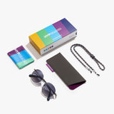 Hypreader Sonnenbrille Phoenix Gunmetal im Komplettset mit Etui, Brillenputztuch, Brillenkette und bunter Verpackung – praktische Ausstattung für stilbewusste Sonnenbrillenträger:innen.