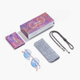 Lieferumfang der Hypreader Vela Gold-Blau Sonnenbrille mit Brillenetui, -tuch, -band und bunter Verpackung