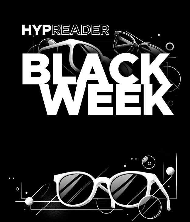 Schwarz-weißes Kampagnenmotiv von Hypreader mit dem Schriftzug „Black Week“ und stilisierten Brillen im Hintergrund – ideal für Rabattaktionen und saisonale Verkaufsförderung-mobil