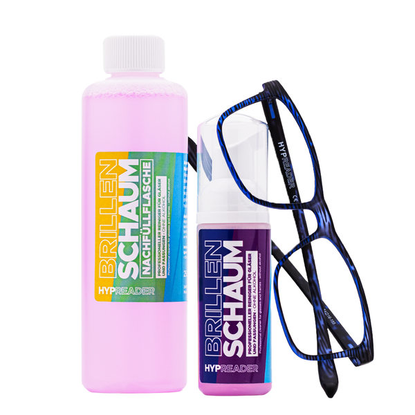 Hypreader Brillenschaum Reinigungsschaum mit Nachfüllflasche und Lesebrille Leo– ideal für streifenfreie Brillenreinigung ohne Alkohol