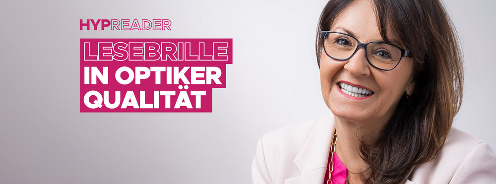 Frau mit Lesebrille von Hypreader in Optikerqualität – stilvolles Banner für hochwertige Lesehilfen