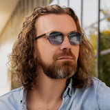 Mann mit langen Haaren und Bart trägt die Hypreader Lupus Sonnenbrille in Champagner mit Spiegelung im Glas, urbaner Hintergrund mit moderner Architektur.