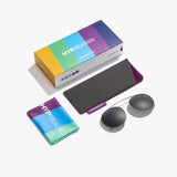 Hypreader Phoenix Sunclip – Komplettansicht mit Verpackung, Etui und Putztuch für Sonnenclip-Brillen, perfekt für unterwegs.