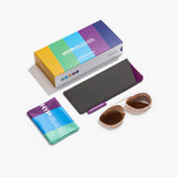 Hypreader Pyxis Sunclip Braun als Set mit Etui, Putztuch und Verpackung – Sonnenclip mit braun getönten Gläsern, präsentiert mit Zubehör im modernen Design.