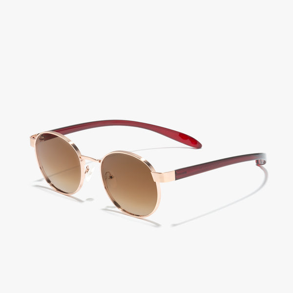 Hypreader Sonnenbrille Taurus in Rose – runde Fassung mit braunen Verlaufsgläsern und roten Bügel, schräg fotografiert