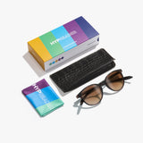 Lieferumfang der Hypreader Sonnenbrille Lupus Havanna-braun mit Etui, Putztuch und bunter Hypreader-Verpackung.