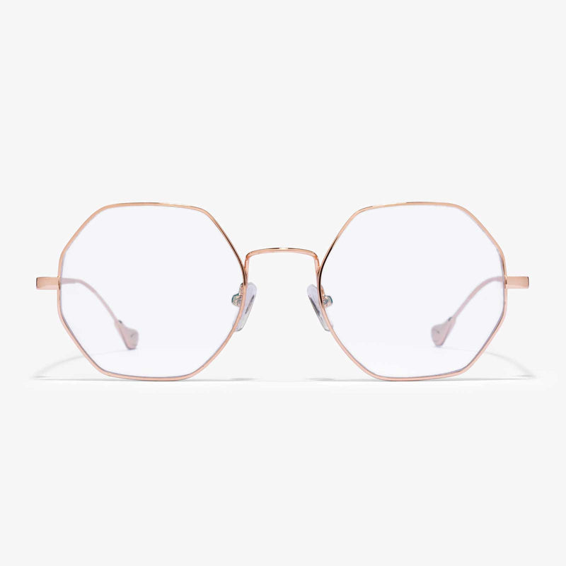Hypreader Aquila Blaulichtfilterlesebrille rosegold von vorne – achteckige Brillenform mit filigranem goldfarbenem Rahmen und transparenten Gläsern