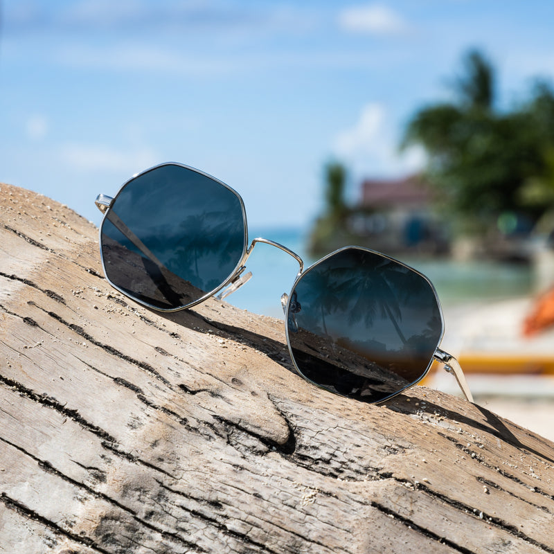 Hypreader Aquila Sonnenbrille in Silber/Grau auf einem Baumstamm am Strand – stilvolle Brille mit achteckigem Glasdesign in sommerlicher Umgebung

