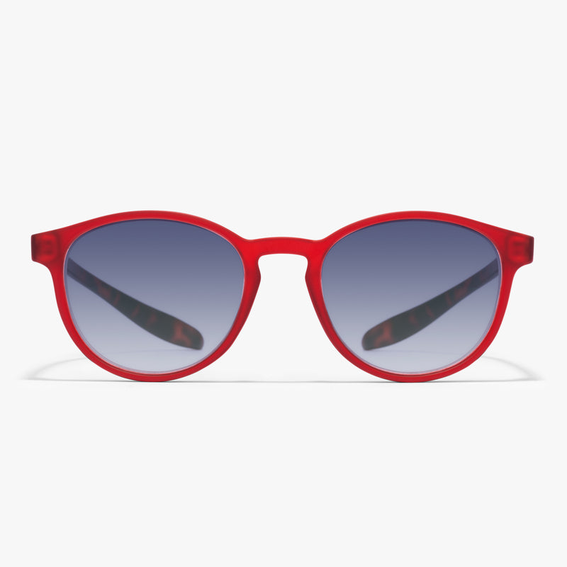 Hypreader Sonnenbrille Modell Aries in kräftigem Rot mit runden Gläsern, Farbverlauf von Grau zu Transparent, schräge Frontansicht