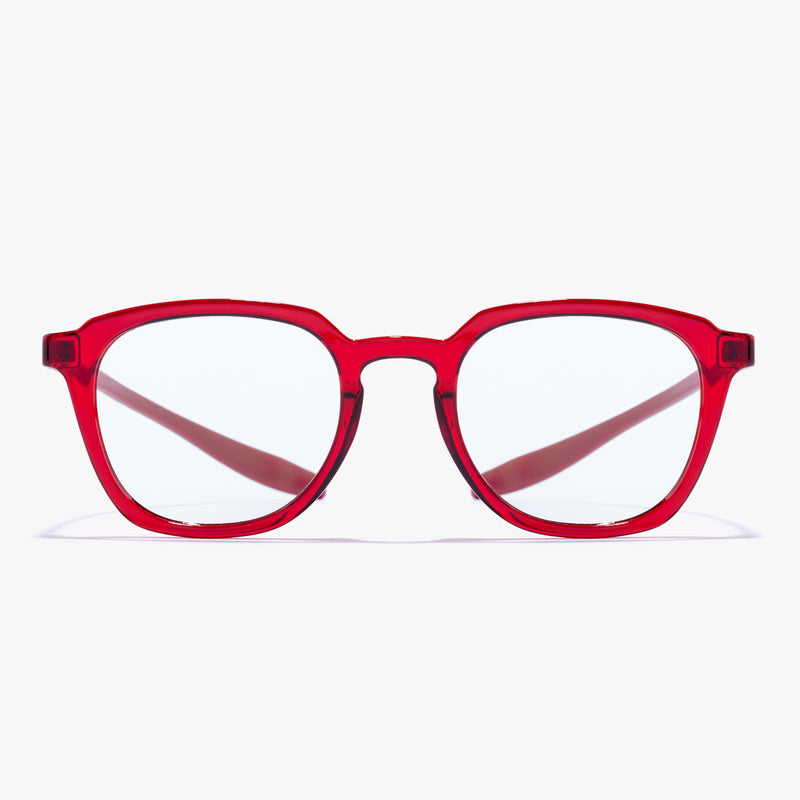 Frau mit Hypreader Orion Rot Brille mit Blaulichtfilter, frontal, elegante Pose
