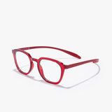 Frau mit Hypreader Orion Rot Blaulichtfilterbrille für Damen, rechte Seitenansicht, beim Lesen
