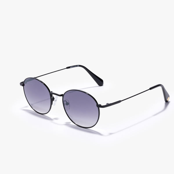 Runde Hypreader Sonnenbrille Phoenix in Schwarz mit grauen Verlaufsgläsern, schräg von vorne fotografiert.
